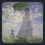 Woman with Parasol by Claude Monet, Vintage Art Square Sticker<br><div class="desc">The Stroll, Camille Monet and Her Son Jean (Woman with a Parasol) (1875) by Claude Monet is a vintage impressionist fine art family portrait painting. A mother taking a walk with her young child in a field or spring meadow. She is holding a sun umbrella and wearing a beautiful dress...</div>
