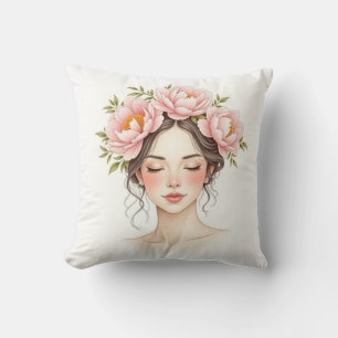 Woman with Peony Flower Throw Pillow