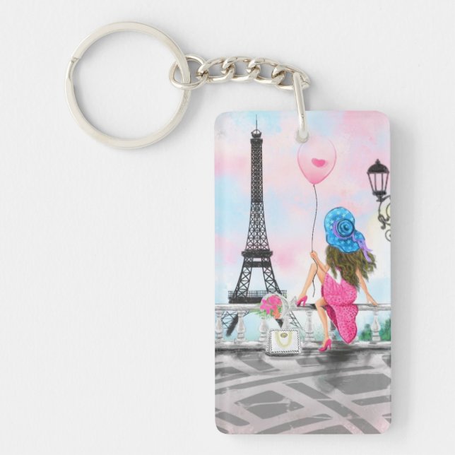  Woman with Pink Balloon In Paris Keychain Gift (Front)