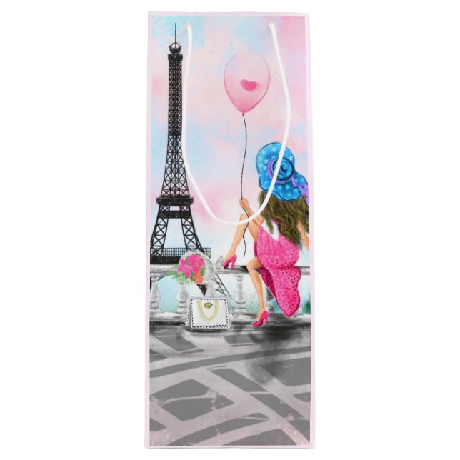 Woman with Pink Balloon In Paris Wine Gift Bag (Front)