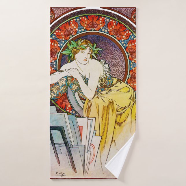 Woman with Poppy, Mucha Bath Towel (Bath Towel)