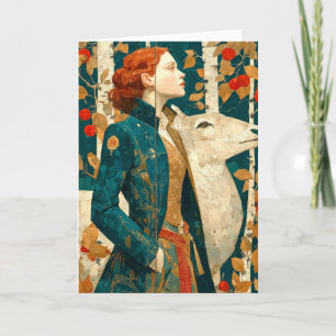 Woman with red hair, autumn birch forest, reindeer card