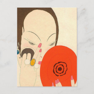 WOMAN WITH RED MIRROR Deco Beauty Fashion Makeup Postcard
