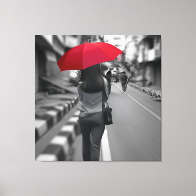Woman with red umbrella black and white style canvas print (Front)