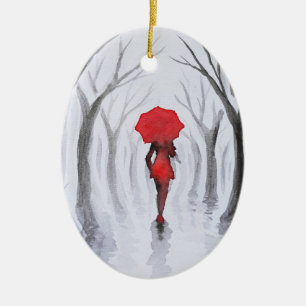 Woman with red umbrella ceramic ornament