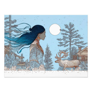 Woman with reindeer in the snow by log cabin photo print