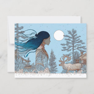Woman with reindeer in the snow by log cabin postcard