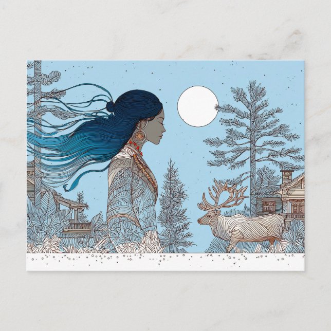 Woman with reindeer in the snow by log cabin postcard (Front)