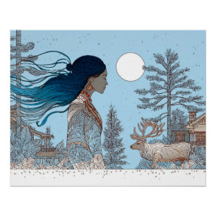 Woman with reindeer in the snow by log cabin poster