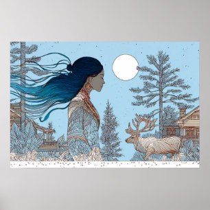 Woman with reindeer in the snow by log cabin poster