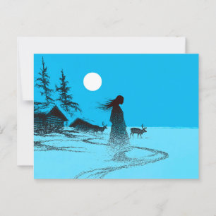 Woman with reindeer in the snow under a full moon postcard