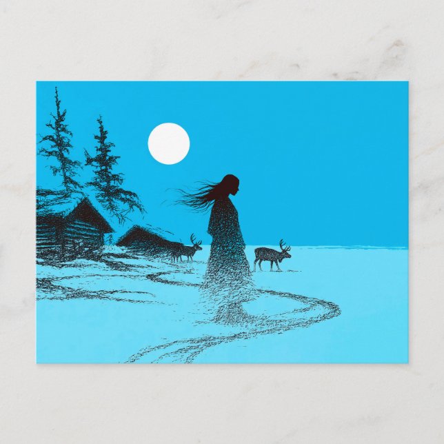 Woman with reindeer in the snow under a full moon postcard (Front)