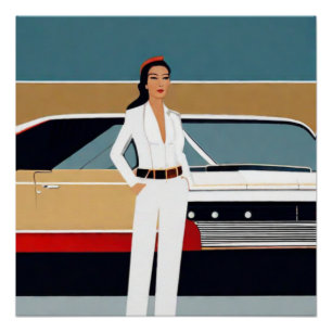 Woman with Retro Car Poster