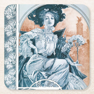 Woman with Rose, Mucha Square Paper Coaster