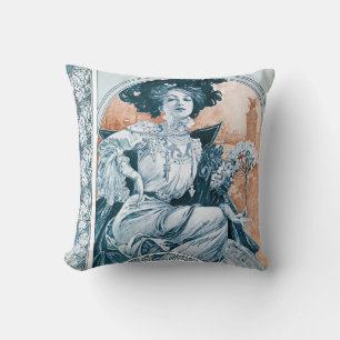 Woman with Rose, Mucha Throw Pillow