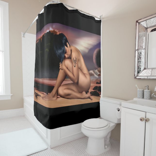Woman with Scorpion Tattoo Artwork Shower Curtain (In Situ)