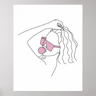 Woman With Sunglasses And Bubble Gum Line Art Poster