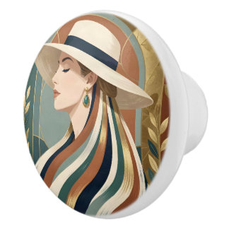 Woman with sunhat art deco ceramic knob