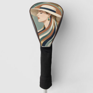 Woman with sunhat art deco golf head cover