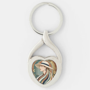 Woman with sunhat art deco keychain