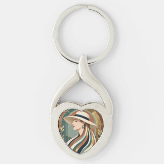 Woman with sunhat art deco keychain