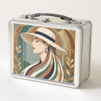 Woman with sunhat art deco metal lunch box