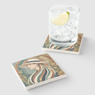 Woman with sunhat art deco stone coaster