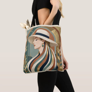 Woman with sunhat art deco tote bag
