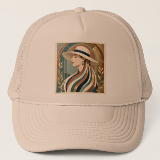Woman with sunhat art deco trucker hat