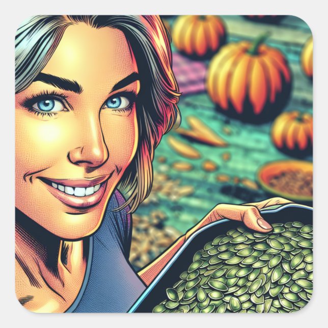Woman with Tray of Pumpkin Seeds Halloween Square Sticker (Front)