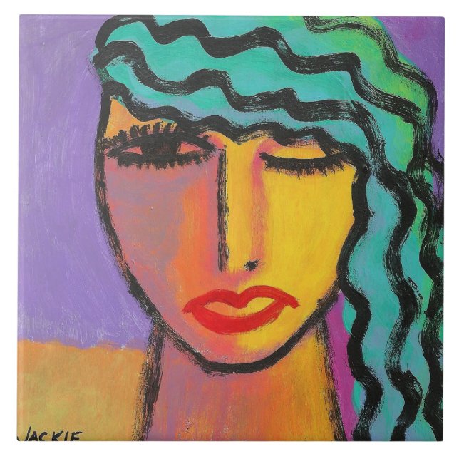 Woman with Turquoise Hair Abstract Portrait Tile (Front)