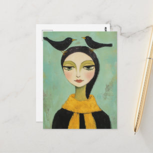 Woman with Two Black Birds Postcard