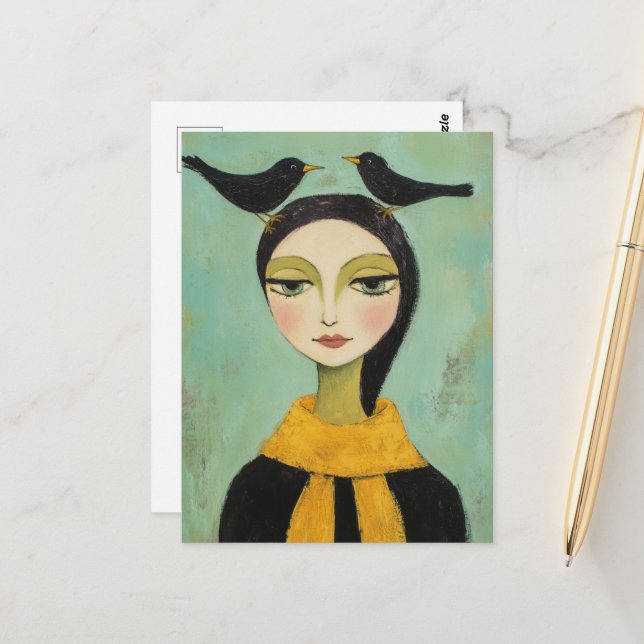 Woman with Two Black Birds Postcard (Front/Back In Situ)