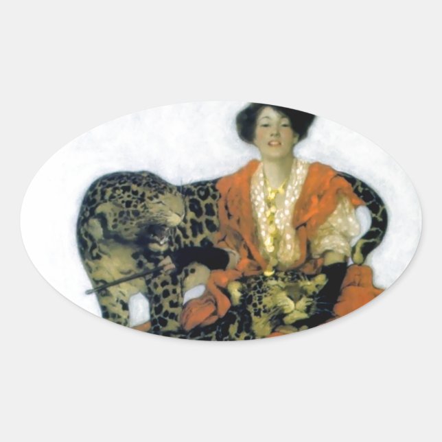 Woman with two wild leopard pets oval sticker (Front)