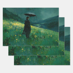 Woman with Umbrella in Green Meadow Wrapping Paper Sheet