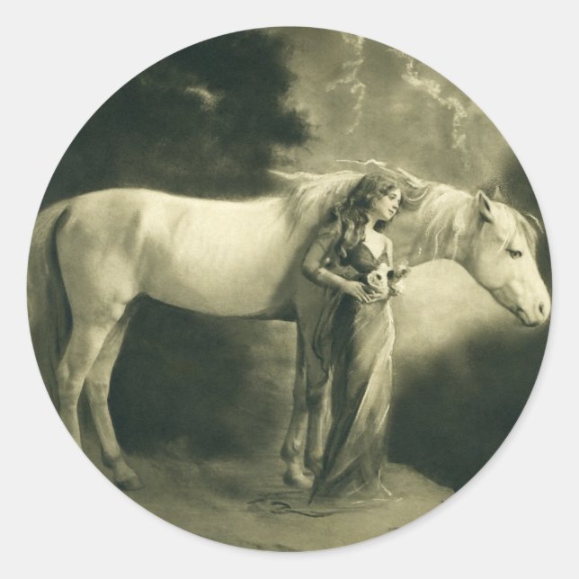 Woman with white horse. classic round sticker (Front)
