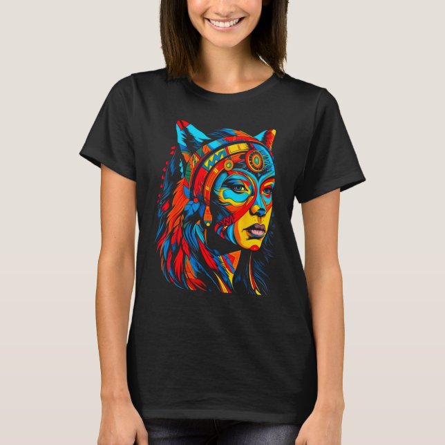 Woman Wolf Head Native American Creative T-Shirt (Front)
