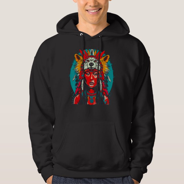 Woman Wolf Head Native American Indigenous Hoodie (Front)