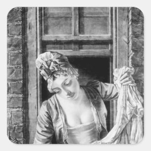 Woman wringing washing square sticker