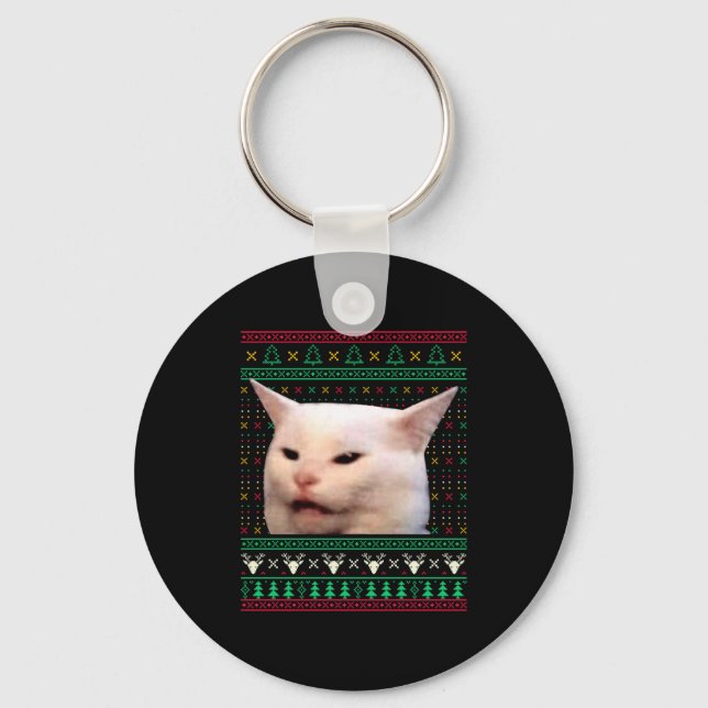 Woman Yelling At A Cat Ugly X-mas Sweaters Funny M Keychain (Front)