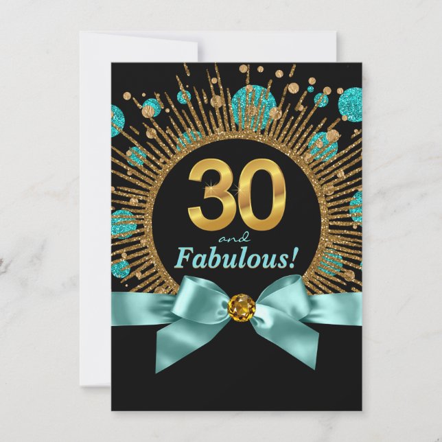 Womans 30th Birthday Party Teal Blue and Gold Invitation (Front)