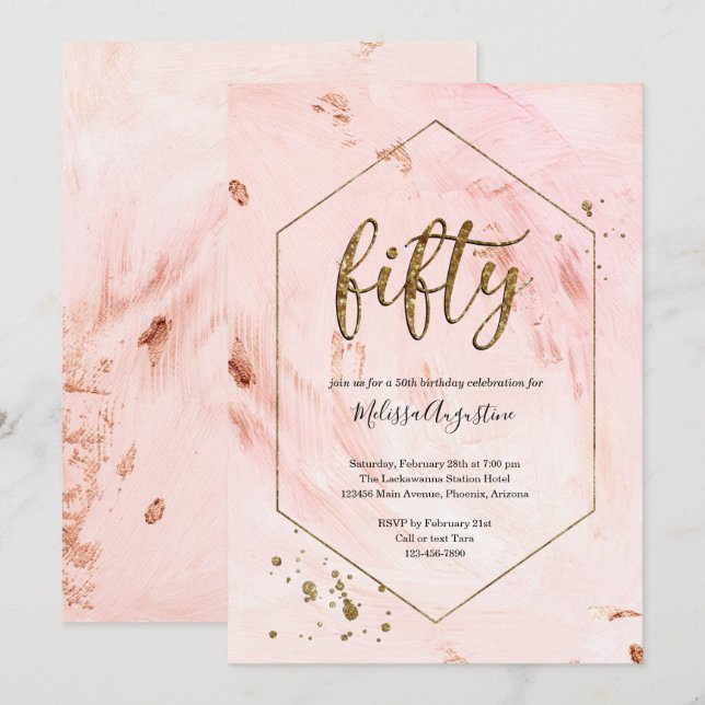 Woman's 50th Birthday Party Rose Gold Glitter Invitation (Front/Back)
