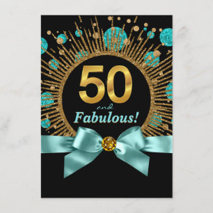 Womans 50th Birthday Teal Blue and Gold Invitation