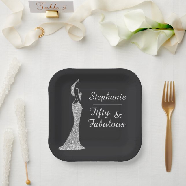 Woman's 50th Modern Silver Cocktail Dress Birthday Paper Plate (Wedding)