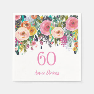 Womans 60th Birthday Party Pink Flower Peach Napkin