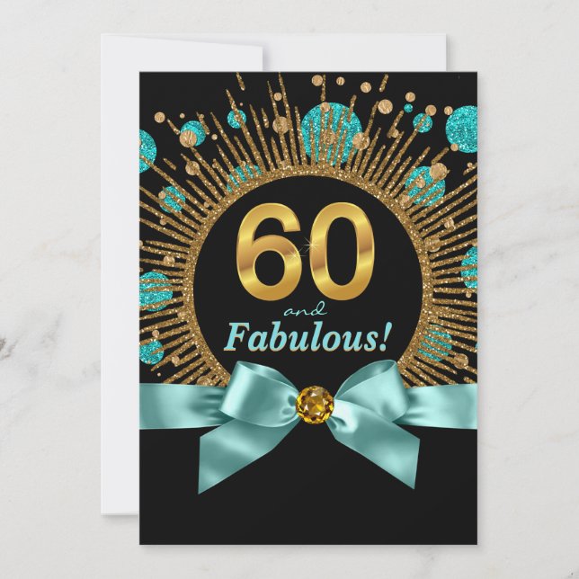Womans 60th Birthday Teal Blue and Gold Glitter Invitation (Front)