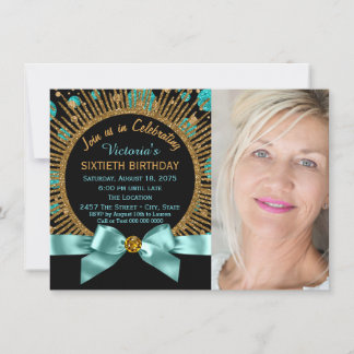 Womans 60th Birthday Teal Blue and Gold Photo 60th Invitation