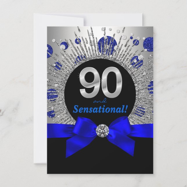 Womans 90th Birthday Party Royal Blue and Silver Invitation (Front)