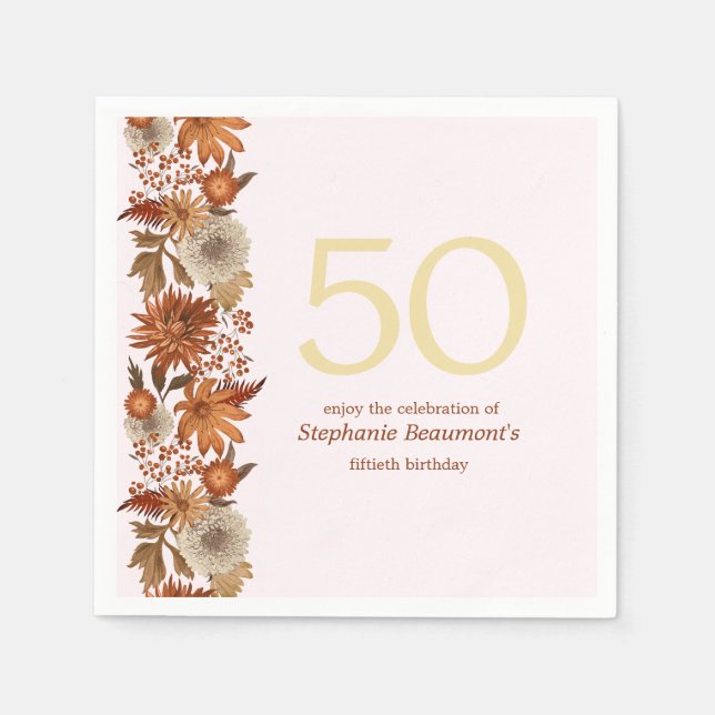 Woman's Autumn Flower Surprise 50th Birthday Napkin (Front)