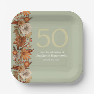 Woman's Autumn Flower Surprise 50th Birthday Paper Plate